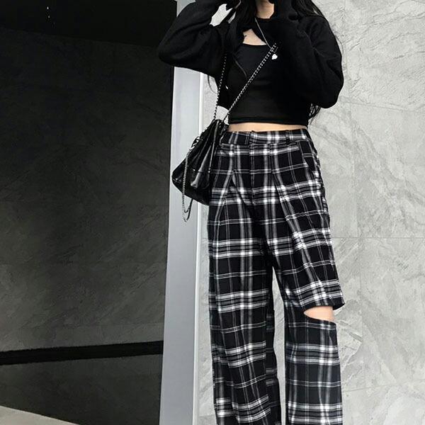 チェック柄 カジュアル パンツ ルーズ ワイドレッグ ストレート
