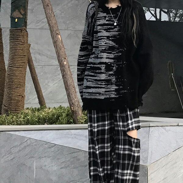 チェック柄 カジュアル パンツ ルーズ ワイドレッグ ストレート