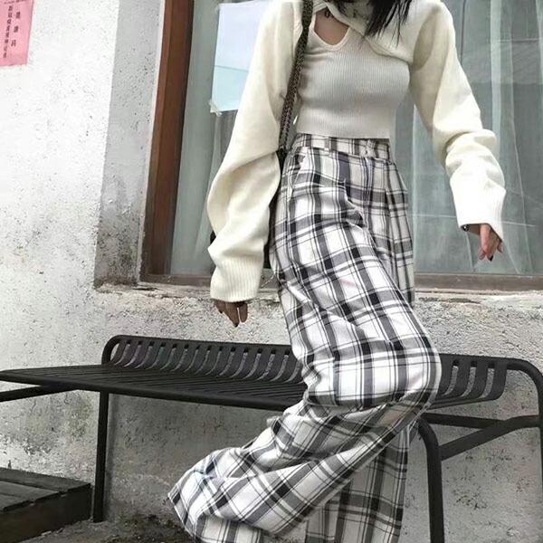 チェック ワイド カーブ パンツ ルーズ 韓国 ストリート hr8163