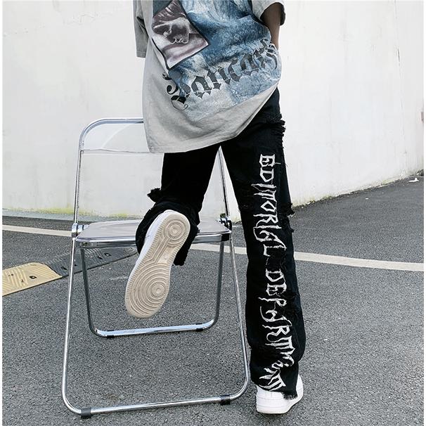 ブラック ダメージ デニム レター 刺繍 ストレート パンツ ルーズ ハイ