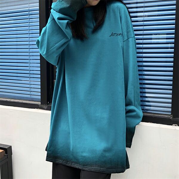 グラデーション 長袖 Tシャツ 絞り染め ルーズ ラウンドネック ユニ