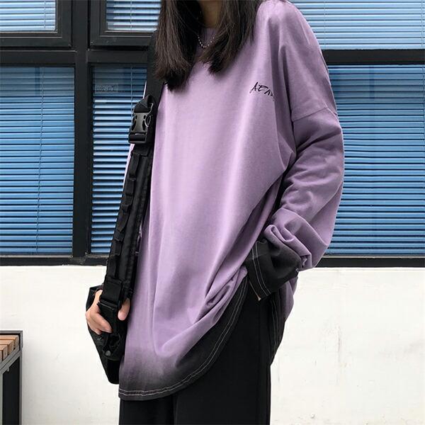 グラデーション 長袖 Tシャツ 絞り染め ルーズ ラウンドネック ユニ