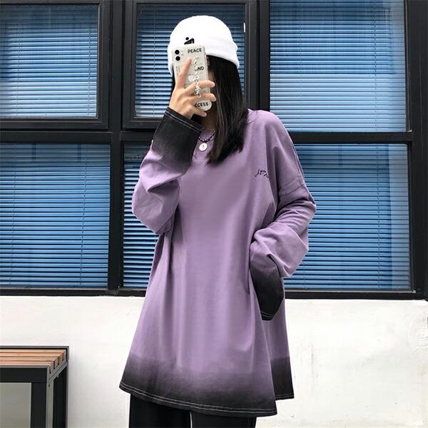 グラデーション 長袖 Tシャツ 絞り染め ルーズ ラウンドネック ユニ