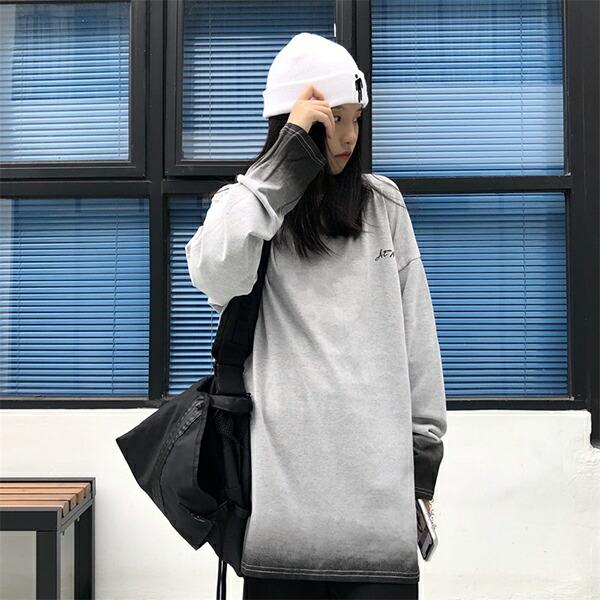 グラデーション 長袖 Tシャツ 絞り染め ルーズ ラウンドネック ユニ