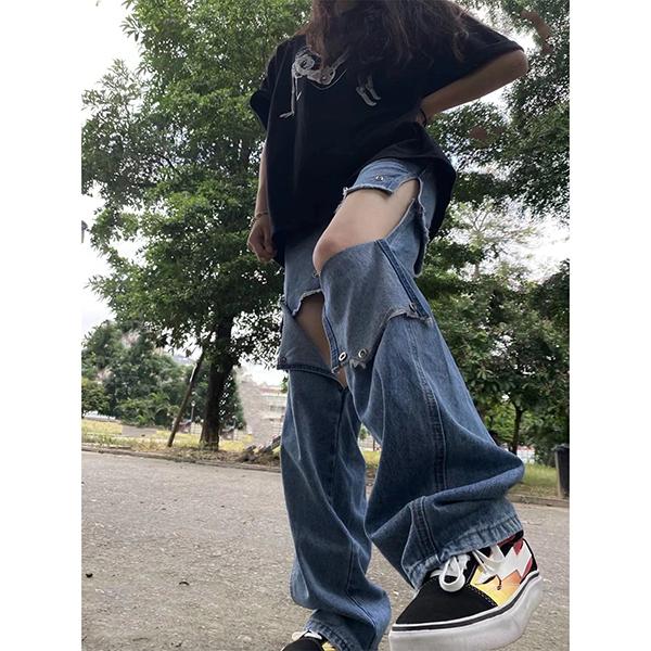 【韓国ファッション】デニムパンツ ダメージ ワイド ルーズ ダメージ デニムパンツ ジーンズ レディース ジーパン ルーズ