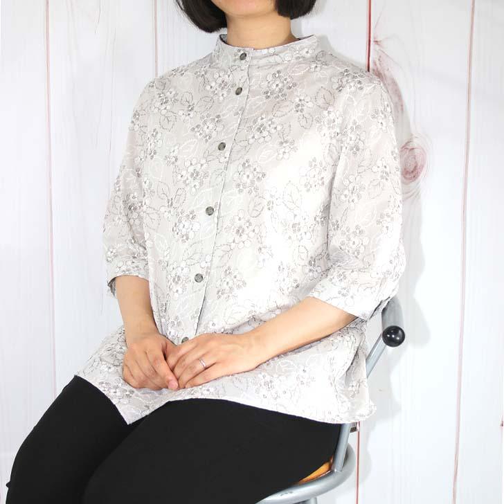 M-L LLサイズ日本製 送料無料 総刺繍 スタンド襟 ブラウス 20代 30代 40代 50代 60代 70代 80代 レディース ミセス シニア 9-11号 13号 ふんわり袖 花柄 七分袖 |  | 02
