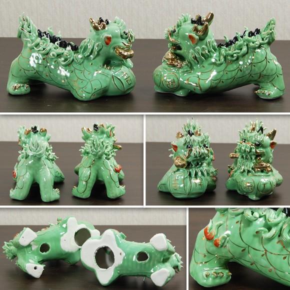 緑色陶器麒麟 クリクリお目々のキリンの置物 2体で1セット 縁起物