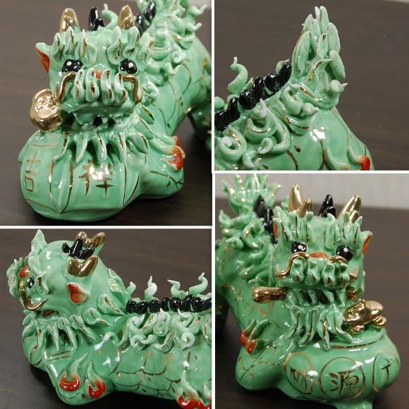 緑色陶器麒麟 クリクリお目々のキリンの置物 2体で1セット 縁起物