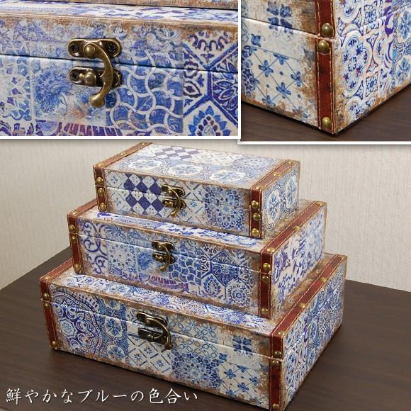 小物入れボックス3個付きアンティークテーブル アンティーク調のおしゃれな雑貨、ブルーが綺麗な磁器のボックス（小鳥