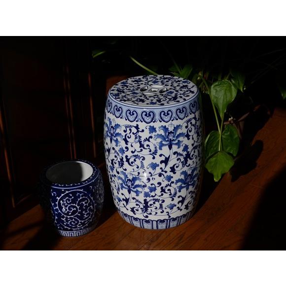 Blue & White Ceramic Stool 青白花陶器スツール 花台 椅子 アジアン