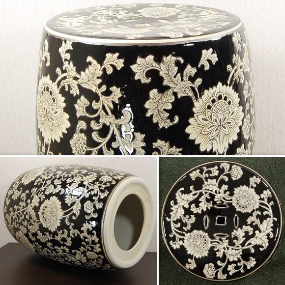 Black Ceramic Stool 黒陶器草花スツール 花台 椅子 置物 アジアン