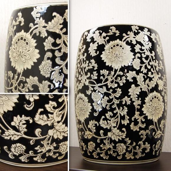 shotaです 九谷焼椅子、九谷博物館行き椅子、陶器椅子 Black Ceramic Stool 黒陶器草花スツール 花台 椅子 置物 アジアン