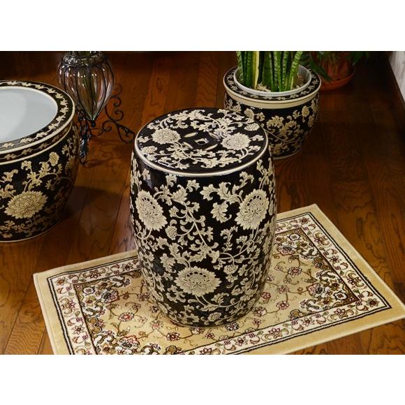 Black Ceramic Stool 黒陶器草花スツール 花台 椅子 置物 アジアン