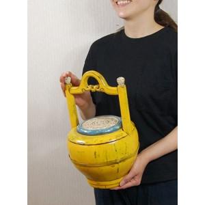 中華黄色手付桶 壽文様 シノワズリーイエローバスケット 木桶