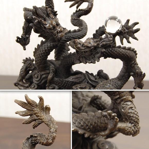 翔双黒龍 絡み合う対の黒い竜 フライングドラゴン 銅器置物