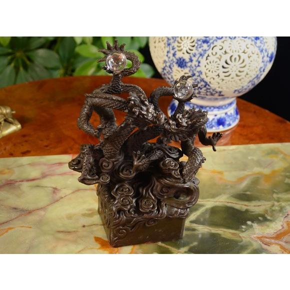 翔双黒龍 絡み合う対の黒い竜 フライングドラゴン 銅器置物