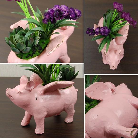 Pink Flying Pig お花を背負ったピンクの羽ブタ 置物 オブジェ 動物の