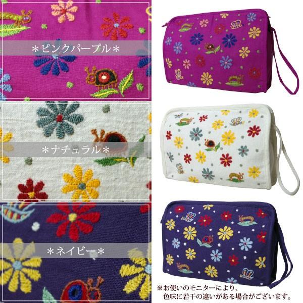 フェアトレード 刺繍 ポーチ ミラー刺繍スクエアポーチ(花といきもの