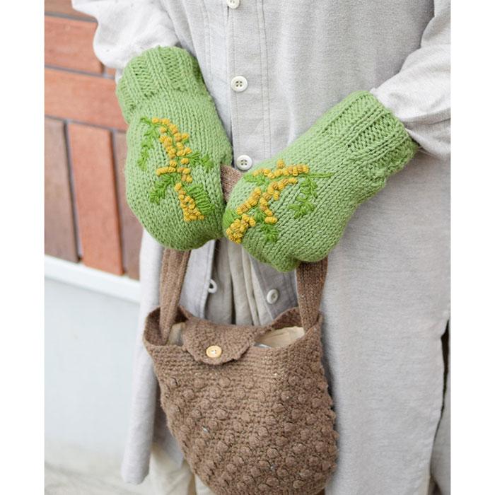 手袋 レディース ネパール製・スリット入りミトン手袋(ミモザ柄)ニット