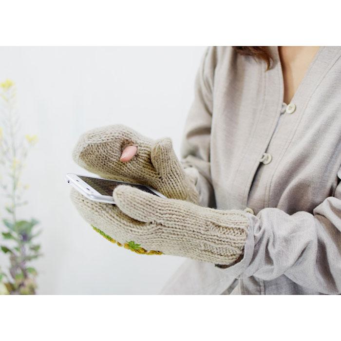 手袋 レディース(ネパール製・スリット入りミトン手袋(ミモザ柄