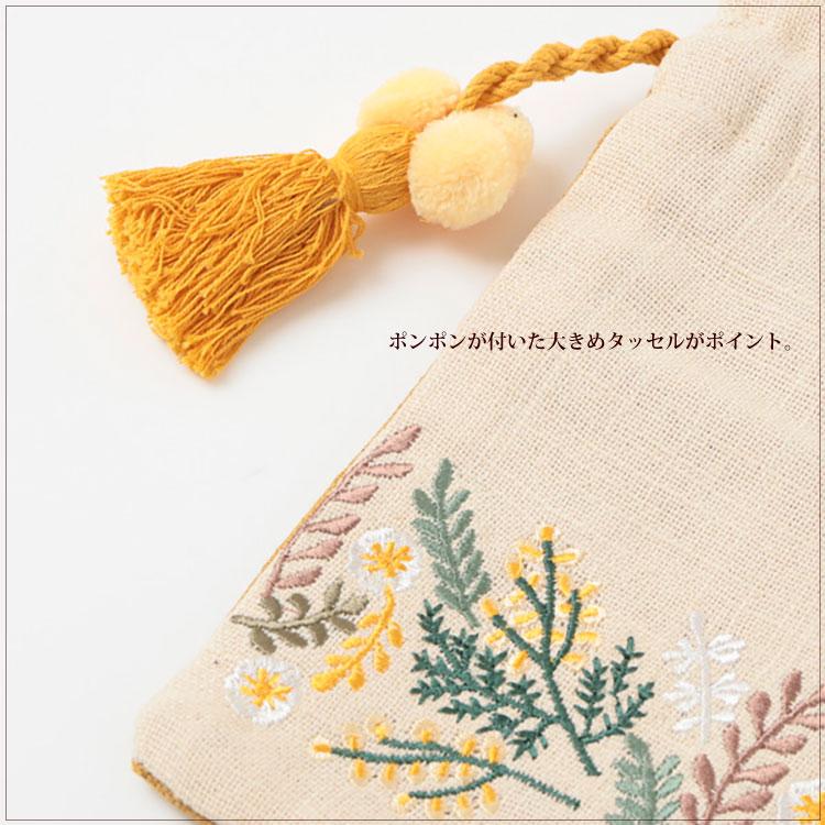 handmade刺繍巾着ポーチ⚘⚘⚘小さなミモザのリースとちょうちょ⚮̈  