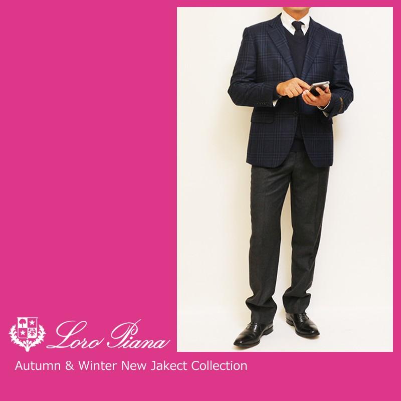 ジャケット テーラード ブレザー 秋冬 新品 ロロピアーナ Super120s 濃紺ネイビー 大柄チェック セレクト系 スリム型 2つボタン ビジネス J-TML (AB体) | Loro Piana