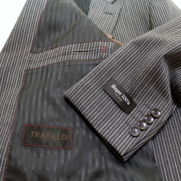 スーツ メンズ 秋冬 新品 TRAFALD Super100s 毛-100％ グレー杢ストライプ 2つボタン ビジネス スーツ スリム系 (AB体) |  | 12