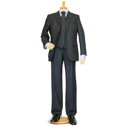 スーツ メンズ 秋冬 新品 スタンリーブラッカー 濃灰グレー杢 ヘリンボーン  ３ボタン段返り 3ピース ビジネススーツ (A/AB体) SB01-31B やや細め |  | 01