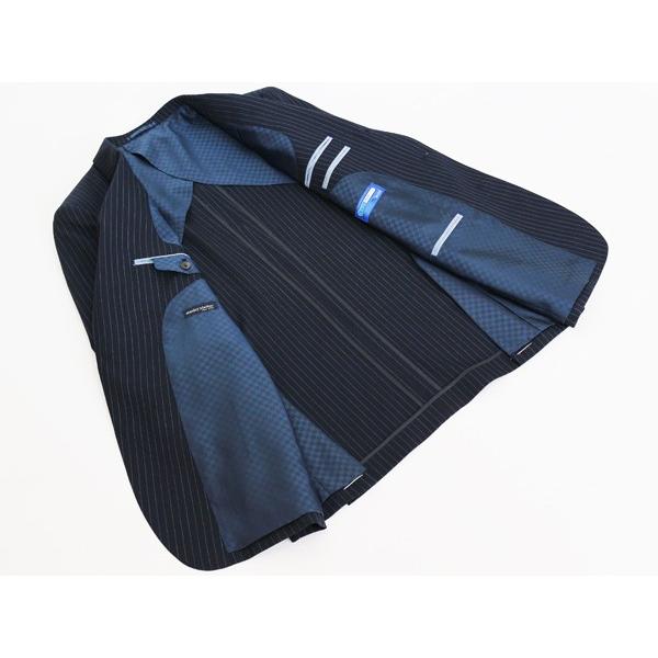 2017春夏新作モデル スタンリーブラッカー 濃紺ネイビー 9mmストライプ インビスタ社 クールマックス使用 ３ボタン段返りスーツ (A/AB体) SB01 |  | 02