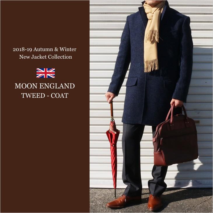 ツイード メンズ チェスターコート 2018-19 新作秋冬 英国 MOON ムーン TWEED ネイビーブルー杢 無地系 シングル 3つボタン チェスターコート | 