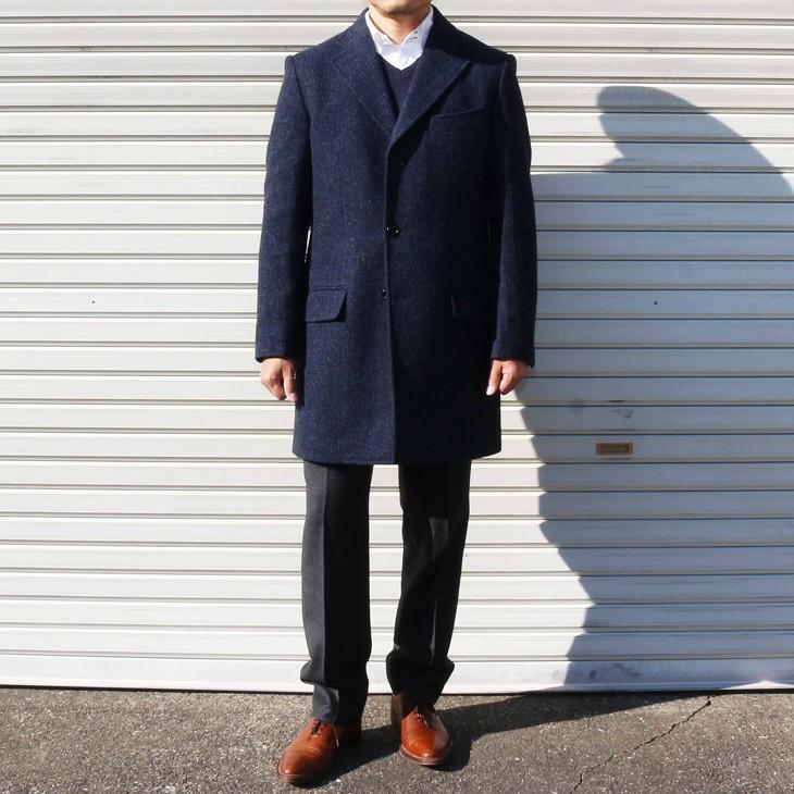 ツイード メンズ チェスターコート 2018-19 新作秋冬 英国 MOON ムーン TWEED ネイビーブルー杢 無地系 シングル 3つボタン チェスターコート |  | 01