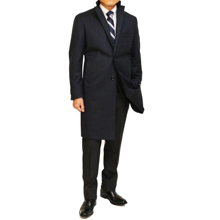 メンズ チェスターコート 2018-19 新作秋冬 ficce フィッチェ 濃紺ネイビー無地系杢 デニム風 クラシコ系 スリム系 ３ボタン段返り シングルチェスターコート |  | 01