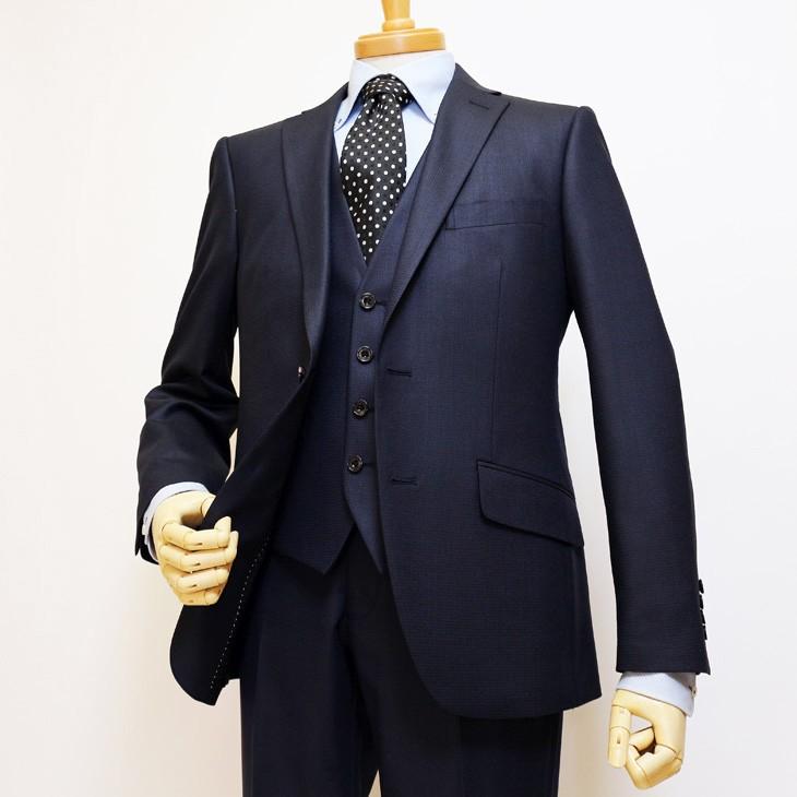 スーツ メンズ 新品 春夏 FICCE フィッチェ 濃紺ネイビー 小織柄 スリーピース （ベスト付き） 2つボタン ナロー系 スリム スーツ  (A/AB/BB体)  fic-400 | FICCE | 03