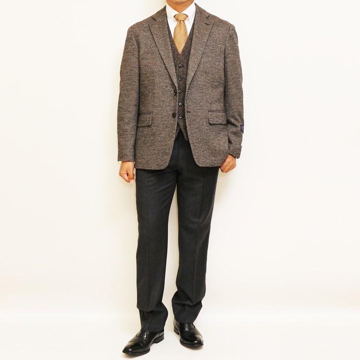 ジャケット テーラード ブレザー 秋冬新作 renoma レノマ パリス ブラウン茶系ベージュ杢 小織柄 ストレッチ ニット素材 ジャケット (AB/BB体) やや細め | renoma | 02