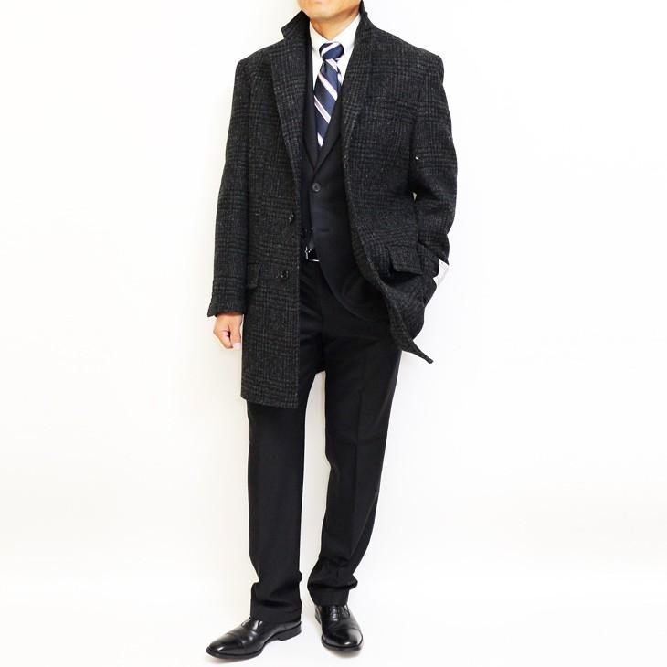 ハリスツイード メンズ チェスターコート 秋冬 モデル 新品 英国 Harris Tweed 濃灰 チャコールグレー 杢 チェック 格子柄 | HARRIS TWEED | 01