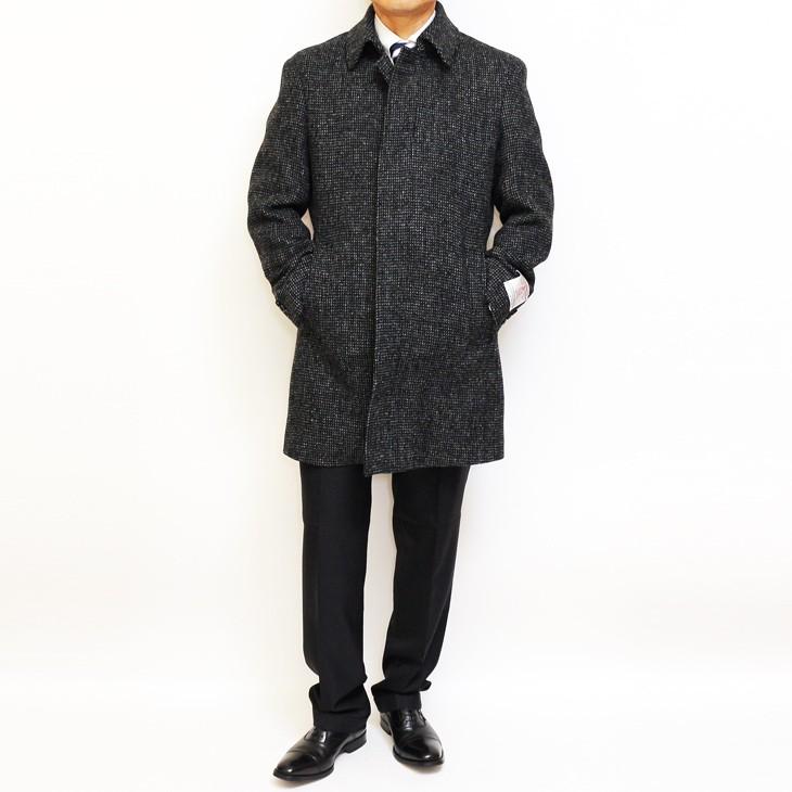 ハリスツイード メンズ ステンカラーコート 秋冬 モデル 新品 英国 Harris Tweed 黒系 チャコールグレー 杢 チェック 小柄 | HARRIS TWEED | 01