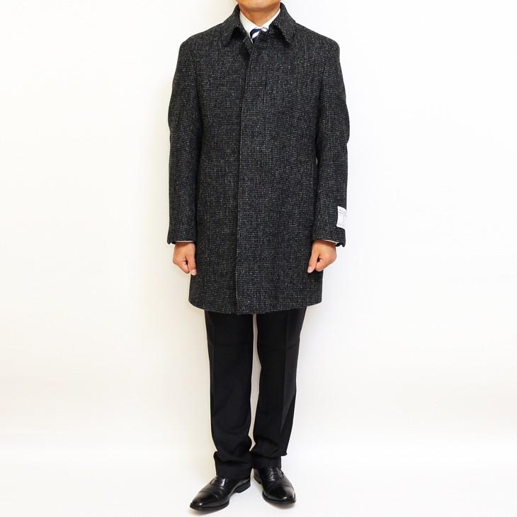ハリスツイード メンズ ステンカラーコート 秋冬 モデル 新品 英国 Harris Tweed 黒系 チャコールグレー 杢 チェック 小柄