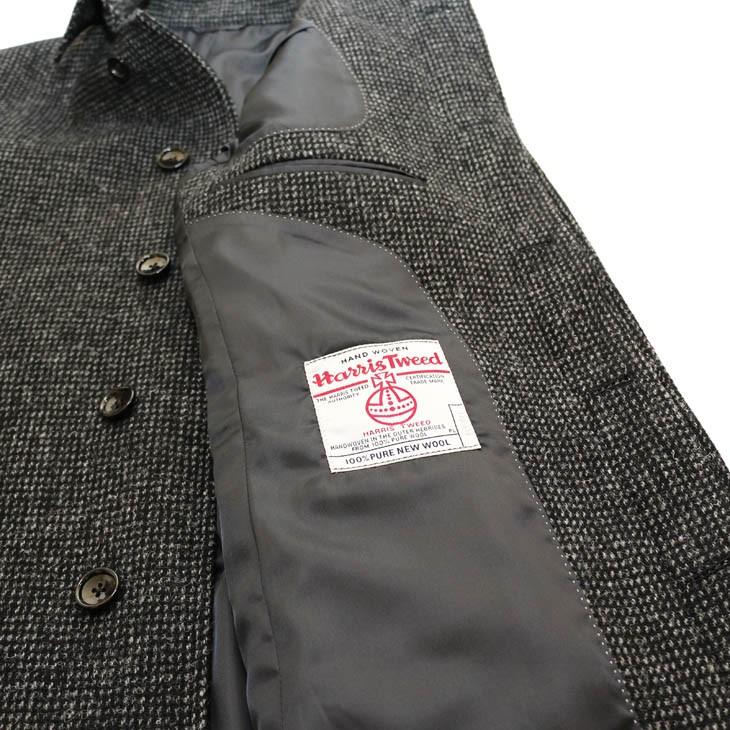 ハリスツイード メンズ ステンカラーコート 秋冬 モデル 新品 英国 Harris Tweed 黒系 チャコールグレー 杢 チェック 小柄 | HARRIS TWEED | 09