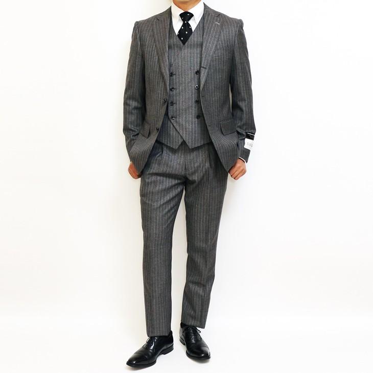 スーツ メンズ 秋冬 新品 FICCE フィッチェ やや淡灰グレー杢 ぼんやり茶 12mmストライプ 3つボタン段返り ベスト付き 3ピーススーツ (A/AB体) スリム | FICCE | 01