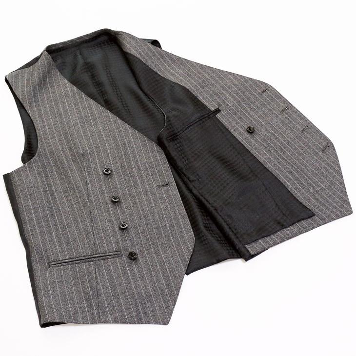 スーツ メンズ 秋冬 新品 FICCE フィッチェ やや淡灰グレー杢 ぼんやり茶 12mmストライプ 3つボタン段返り ベスト付き 3ピーススーツ (A/AB体) スリム | FICCE | 11