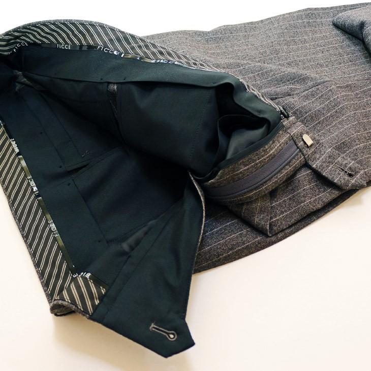 スーツ メンズ 秋冬 新品 FICCE フィッチェ やや淡灰グレー杢 ぼんやり茶 12mmストライプ 3つボタン段返り ベスト付き 3ピーススーツ (A/AB体) スリム | FICCE | 15