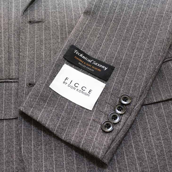スーツ メンズ 秋冬 新品 FICCE フィッチェ やや淡灰グレー杢 ぼんやり茶 12mmストライプ 3つボタン段返り ベスト付き 3ピーススーツ (A/AB体) スリム | FICCE | 16