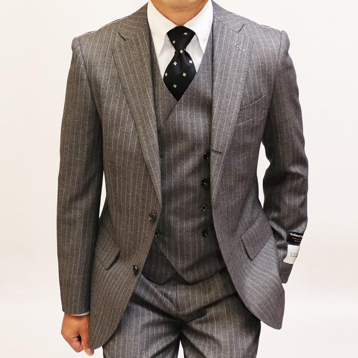 スーツ メンズ 秋冬 新品 FICCE フィッチェ やや淡灰グレー杢 ぼんやり茶 12mmストライプ 3つボタン段返り ベスト付き 3ピーススーツ (A/AB体) スリム | FICCE | 02