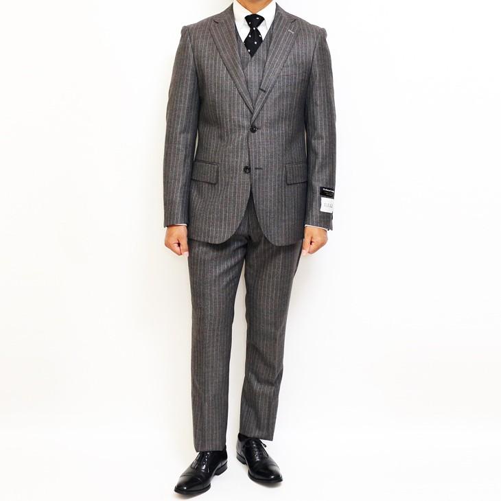 スーツ メンズ 秋冬 新品 FICCE フィッチェ やや淡灰グレー杢 ぼんやり茶 12mmストライプ 3つボタン段返り ベスト付き 3ピーススーツ (A/AB体) スリム | FICCE | 03