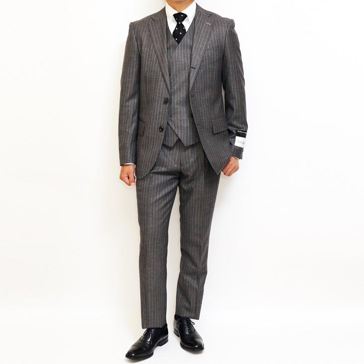 スーツ メンズ 秋冬 新品 FICCE フィッチェ やや淡灰グレー杢 ぼんやり茶 12mmストライプ 3つボタン段返り ベスト付き 3ピーススーツ (A/AB体) スリム | FICCE | 04