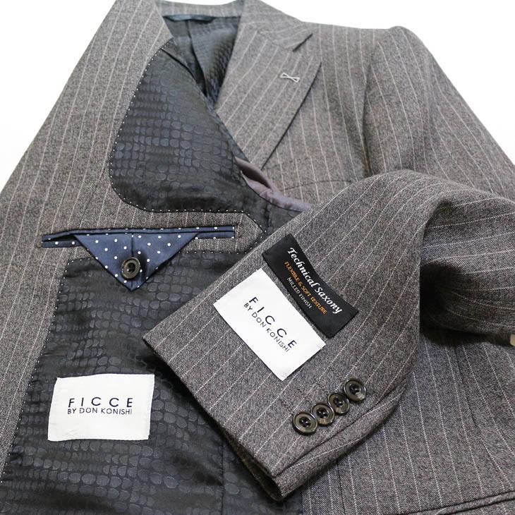 スーツ メンズ 秋冬 新品 FICCE フィッチェ やや淡灰グレー杢 ぼんやり茶 12mmストライプ 3つボタン段返り ベスト付き 3ピーススーツ (A/AB体) スリム | FICCE | 07