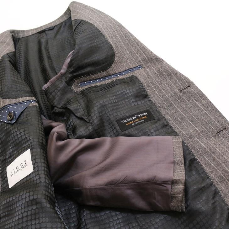 スーツ メンズ 秋冬 新品 FICCE フィッチェ やや淡灰グレー杢 ぼんやり茶 12mmストライプ 3つボタン段返り ベスト付き 3ピーススーツ (A/AB体) スリム | FICCE | 08