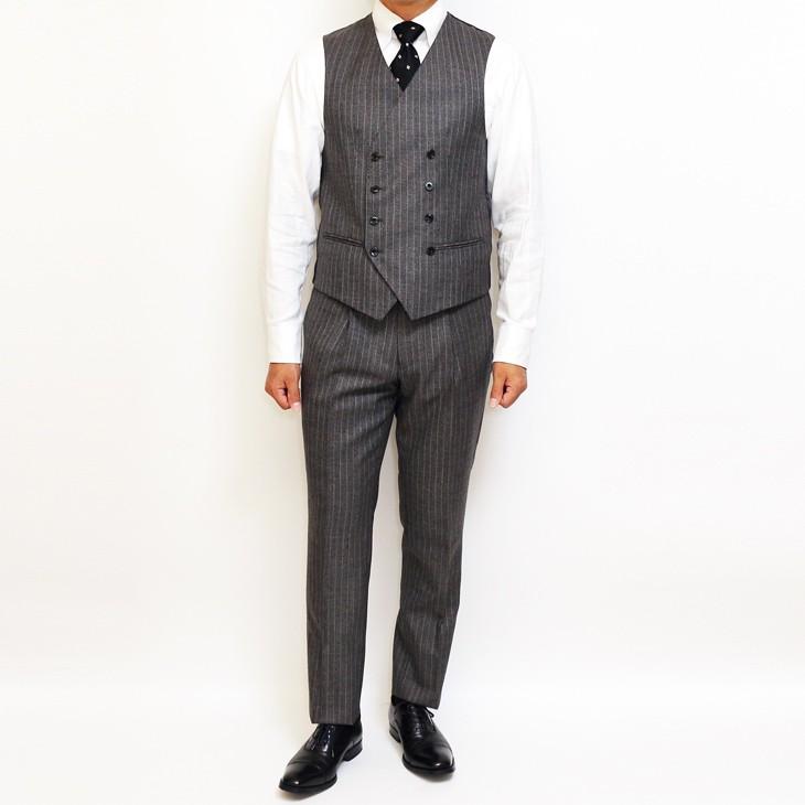 スーツ メンズ 秋冬 新品 FICCE フィッチェ やや淡灰グレー杢 ぼんやり茶 12mmストライプ 3つボタン段返り ベスト付き 3ピーススーツ (A/AB体) スリム | FICCE | 09