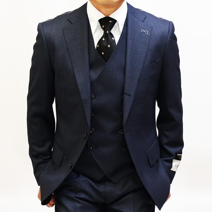 スーツ メンズ 新品 秋冬 FICCE フィッチェ 濃紺ネイビー杢 超ぼんやり12mmストライプ 3つボタン段返り ベスト付き 3ピーススーツ (A/AB体) スリム | FICCE | 03