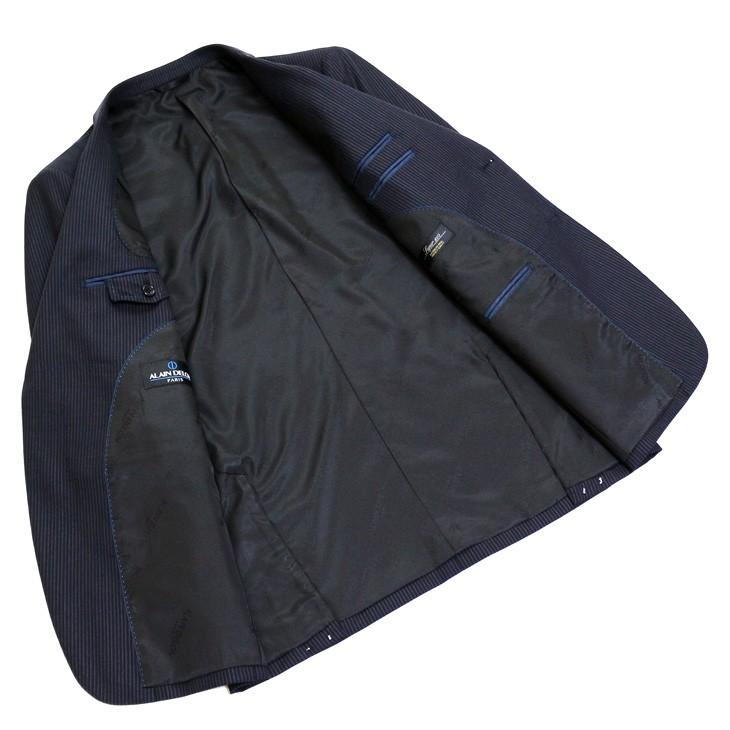 スーツ メンズ 新品 秋冬 アランドロン Super100s ストレッチ ややグレー感のある濃紺ネイビーストライプ 2つボタン ビジネススーツ (AB/BB体) J09-2B | アラン・ドロン | 04
